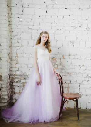 Cap Sleeve Ivory Lace Purple Tulle Wedding Dress